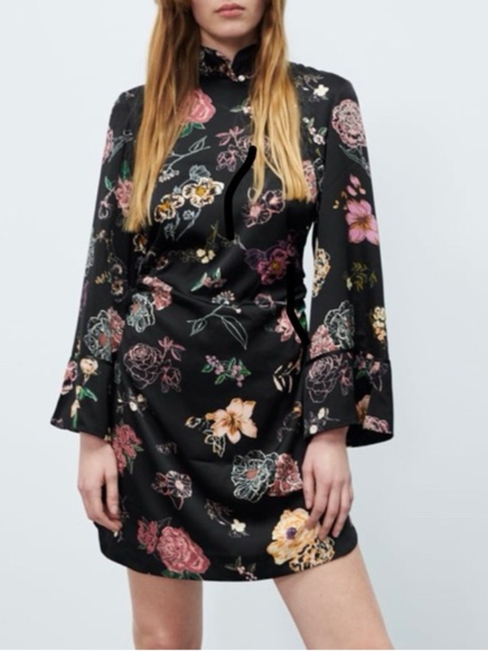 Zara Kimono Style Satin Shanghai Long Sleeve Floral Mini Dress Black Combo - XL